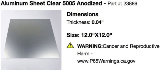 Aluminum Sheet Comes with an Official Warning of “Cancer and Reproductive Harm”
